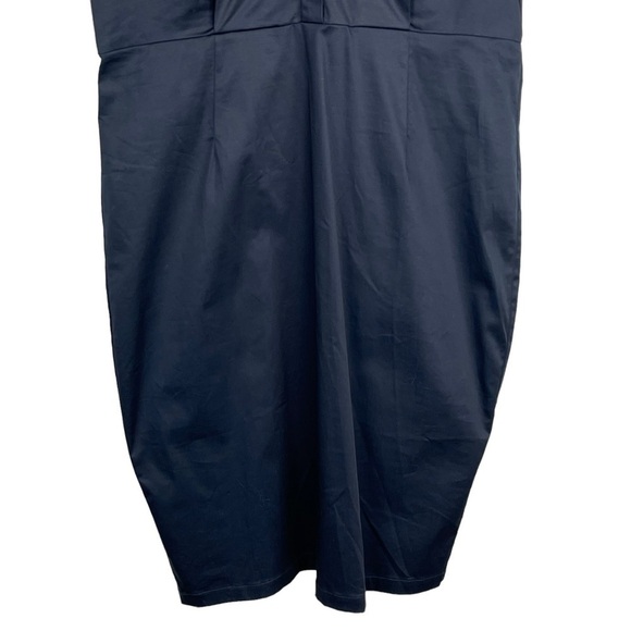 BADGLEY MISCHKA NAVY SATEEN FLORAL EMBROIDERED SHIRT COLLAR FITTED SHEATH DRESS - Picture 6 of 14